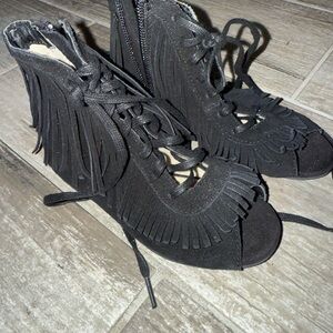 Joyfolie Black Fringe Lace-Up Kids Moccasins